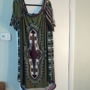 Ashley Stewart African/Tribal Print Midi Dress With Tie Sleeves (Olive/Purple)